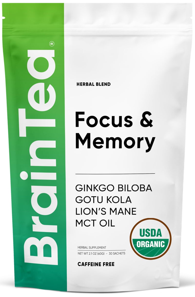 Brain Tea Focus & Memory - Brain Tea Organic Certified 4-in-1 Nootropic Herbal Supplement with Ginkgo Biloba, Gotu Kola, Lion’s Mane Mushroom, MCT Caffeine-Free for Mental Clarity (30 Sachets) - Image 1